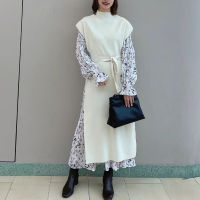 2PCS Vintage Print Long Dresses New Woman Elegant Pleated Dress Spring + Office Lady Lace Up Knitted Vest Mock Neck 2022