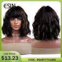 ESIN Synthetic Black Brown Medium Long Loose Body Wave Wig with Bangs Cosplay Daily Natural Wigs for Women Heat-resistant Hair