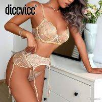 【hot】卐✌  Diccvicc See Through Embroidery Floral 3 Pieces Garter Set Outfit Intimate Kits