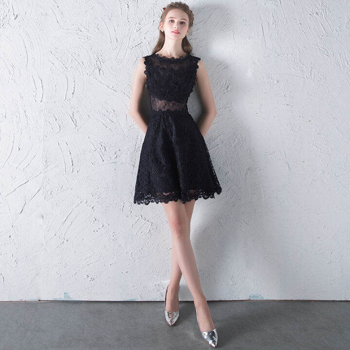 Little evening dress 2020 new fairy princess black lace short student