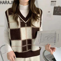 Harajpoo Women Vests Plaid Sweater Spring Autumn 2021 New Korean Hot Style V Neck Sleeveless Waistcoat Vintage Y2k Knit Tops