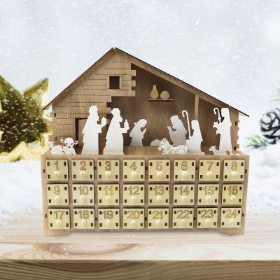 Nativity Manger Scene Wooden Advent Calendar Battery-Operated LED Lighted Christmas Countdown Ornament with Drawer Decor