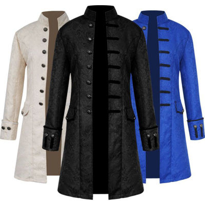 Men Vintage Jacquard Punk Jacket Velvet Trim Steampunk Jacket Long Sleeve Gothic Brocade Jacket Frock Uniform Coat