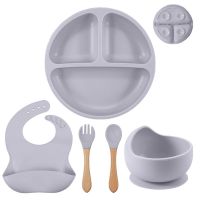 3/5Pcs Baby Silicone Bowl Suction Plate Wood Fork Spoon with Waterproof Bib Set Toddlers Training to Eat Feeding Tableware Set Bowl Fork Spoon Sets