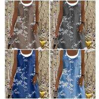 jkk M-2XL Ladies Denim Sleeveless Fashion Print Fake Piece Shirt Knee Length Dresses