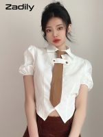 【CW】 Zadily 2022Short Sleeve WomenShirt PreppyButton Up Tie Ladies Crop Top JKFemale Clothing Tops