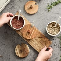 Limited Time Discounts Kitchen Spice Box Three-Piece Set With Spoon Ceramic Seasoning Sugar Salt Shaker Embossed Round Seasoning Box Spice Jars Set