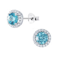 SILVER THAI   Aquamarine stud earrings silver round cubic zirconia เครื่องประดับเงินแท้  ต่างหูczวงกลมสีฟ้าล้อมเพชสีขาว เงินแท้925