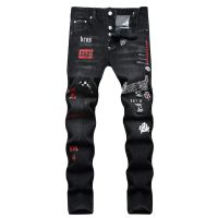 Italy Dsquared2 Brand Mens Black Jeans Mens Trend Casual Slim D2 Letter Print Ripped Denim Pants Street Hip Hop Denim Trousers