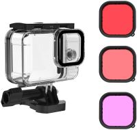 ซองกันน้ำเทเลซินพร้อมตัวกรองการดำน้ำ3แพ็คสำหรับ GoPro Hero 9.Hero 10 11สีดำรองรับ45ม./148FT ใต้น้ำดำน้ำลึกพร้อมขายึดตัวกรองสีม่วงแดงสีแดงสกรูอุปกรณ์เสริมสำหรับมืออาชีพ