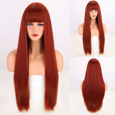 Long Ginger Straight Synthetic Wigs With Bangs High Temperature Natural Fake Hair For Woman Cosplay Wig Lolita Hair