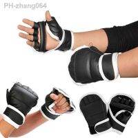 1Pair Black Half Finger Boxing Gloves PU Leather Fighting Kick Boxing Gloves Karate Muay Thai Training Workout Gloves Kids Men