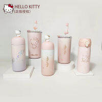 Hello Kitty ถ้วยเก็บอุณหภูมิแก้วแบบมีหลอดกันความเย็นผ้าตาข่ายความจุมากสแตนเลสสีแดง