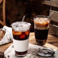 450ml With Straw Glass Coffee Cup Thick Glass Mug Milk Juice Cup Drinkware Travel Sealed Non-slip Set Reusable Water Mug Barware