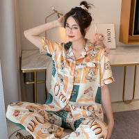 CAIYIER Sexy Nightwear Summer Short Sleeves Trousers Satin Pajamas Women Turn-down Collar Luxurious Atmosphere Silk Sleepwear