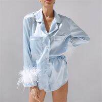 Fashion Solid Women Sleepwear Ice Silk Blue Feather Detachable Long-sleeved Shorts Suit Pajamas Womens Outfit Home Service