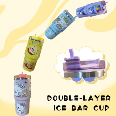 2023 Cute Creative Cartoon Drawing Large Capacity Thermos Tumbler Ice Double-layer Straw Cup With 4 Optional Cup Colors H5M0