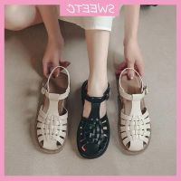 COD DSFEDTGETEER SWEETC Kasut raya perempuan Raya Heels 2023 Flat Sandals Womens Baotou Hollow Buckle Belt Comfortable Thick Heel Sandals