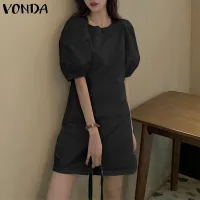 VONDA Womens Casual Shirt Dress Puff Sleeve Short Dress A Line Solid Tunic Dress Plus (Korean Causal)