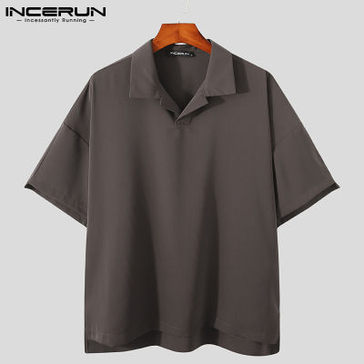 INCERUN Mens Fashion Casual Loose Short Sleeve Lapel Solid Color Shirts