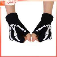 QIAO ใหม่ ยืด เรืองแสงในความมืด Winter Mittens Skeleton Skull Warm Grip ถุงมือไร้นิ้ว