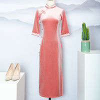 Cheongsam กำมะหยี่สีชมพูทองเด็กสาวยาวจีนชุดดัดแปลงที่สง่างาม