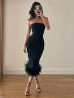 Elegant Feather สีดำชุดสตรี2022 Backless Backless Bodycon ฤดูร้อนหญิงเซ็กซี่ Sheath Corset Top Midi Robe