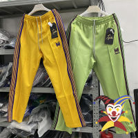 สีเหลืองสีเขียวลายเข็มกางเกงขายาวผู้ชายผู้หญิงโพลีเรียบติดตามกางเกงผีเสื้อเย็บปักถักร้อยกางเกง