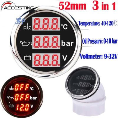 3 In 1 Waterproof  Water Temperature Oil Pressure Voltage 52MM Multi-function Gauge With Red backlight Fit For Boat Yacht RV Camper