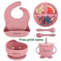 Personalized Name Baby Feeding Sets Silicone Suction Cup Plate Dishes Spoon Fork Bib Childrens Tableware Feeding Bowls 6pcs/set Bowl Fork Spoon Sets