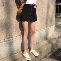 NEW กางเกงขาสั้น Womens skirt splump girls single-breasted high waist denim skirt Chic anti-emptied pantskirt