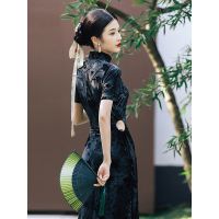 Spot parcel post Republic of China R Improved Cheongsam Black Dress for Women Summer 2023 New Sexy Long Tie-Dyed Dress