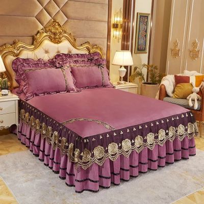 WOSTAR Bedspread on the bed winter warm soft crystal velvet queen king size bed sheet european style wedding lace bed skirts