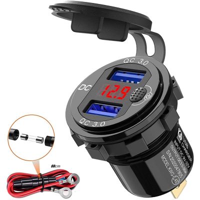 Quick Charge 3.0 Dual 12V USB Car Charger, Aluminum Socket with Switch Button and Red Digital Voltmeter, Waterproof