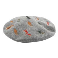 Korean Women Winter Faux Wool Elastic Beret Cap Kawaii Cute Cartoon Forest Rabbit Squirrel Embroidery Painter Beanie Hat