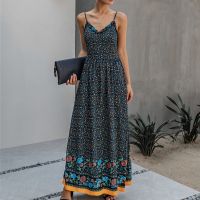 Womens Spaghetti Maxi Dress V Neck High Waist Backless Adjustable Straps Floral Boho Dress