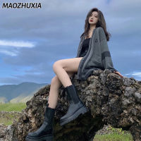 MAOZHUXIA เสื้อสเวตเตอร์คอกลมทรงหลวมปักฮิปฮอปลายตารางเสื้อกันหนาวแบบถักสำหรับผู้หญิง2023