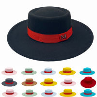 ฤดูหนาวผู้หญิง porkpie หมวกขนสัตว์ Felt Fedora หมวกสีแดงเข็มขัดกว้าง brim สุภาพสตรี Elegant R สไตล์อังกฤษแจ๊สมาหมวกปานามา