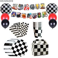 Racing Car Party Decor Tableware Black White Machines Balloons Boy Happy Birthday Banner Flag Cake Topper Baby Shower Supplies