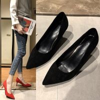 2020 New Arrival Korean Concise Pointed Toe Office Shoes Womens Fashion Solid Flock Shallow High Heels Shoes for Women