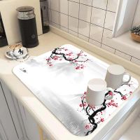 kitchen Absorbent Drain Pad Dish Placemats Mat Rubber Tableware Draining Pad Chinese Style Printed Dinnerware Cup Bottle Rug Traps Drains