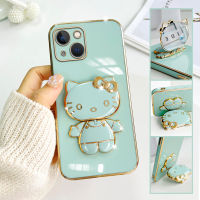 เคสสำหรับ Apple โทรศัพท์ iPhone 15 Plus 15 Pro 15 Pro Max Kity กรอบพับเป็นขาตั้งกระจกแมวชุบหรูหราเคสโทรศัพท์ชุบเคสโทรศัพท์นิ่ม