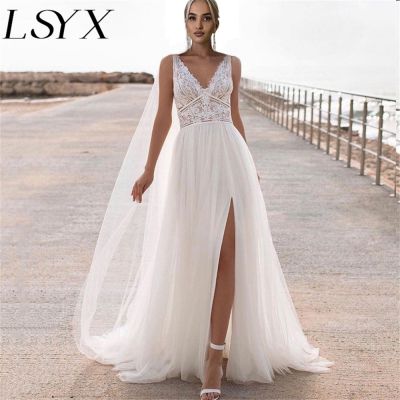 【HOT】▩❆✾ LSYX V-Neck Tulle Boho Wedding 2023 Split Back Sleeveless Bridal Gown