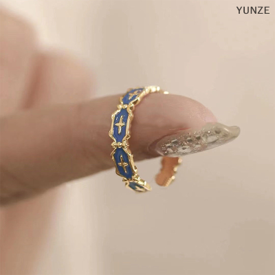 YUNZE เครื่องประดับผู้ชายแฟชั่นสำหรับผู้หญิงแหวนหรูหราเปิดแหวนใส่นิ้วเคลือบสีฟ้าลายกากบาทสีขาวสไตล์เกาหลี