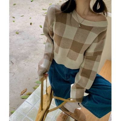 DayDay GirlKorean Sweet Temperament 3-Color Checkerboard Stitching Plaid Short Loose Sweater Knitwear Long-Sleeved Top All-Match Coat