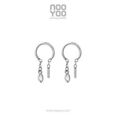 NooYoo ต่างหูสำหรับผิวแพ้ง่าย Half Hoop Ring with Dangling Crystal Surgical Steel