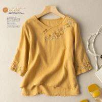 Tang Suit Women Cotton Linen Blouse Vintage White Yellow 34 Sleeve Embroidery Disc Button R Shirt Summer Loose Oversize Top