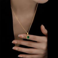 ❄✲ Retro Square Green Zircon Pendant Necklace For Women Titanium Steel Necklace Girls Wedding Engagement Jewelry