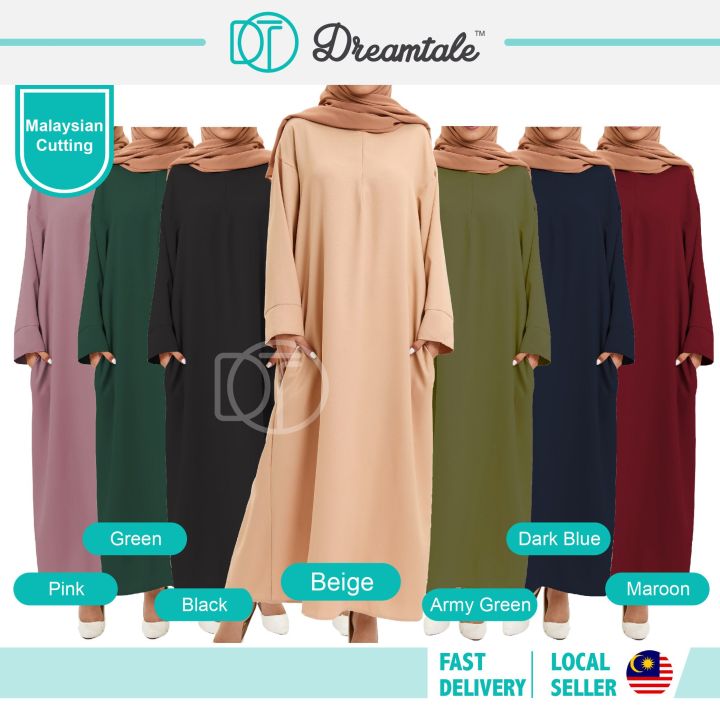 Dreamtale Aaira Muslimah Wear Dress Muslimah Plain Kaftan with Two Pockets  Kaftan Dress Como Crepe Abaya