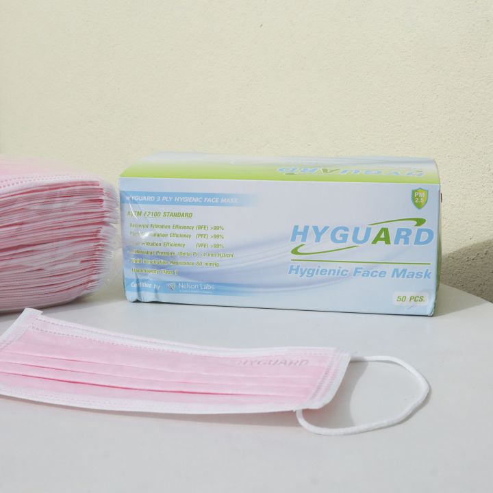 หน้ากากอนามัย-3-ชั้น-ทางการแพทย์-hyguard-สีชมพู-50ชิ้น-กล่อง-ผลิตในไทย